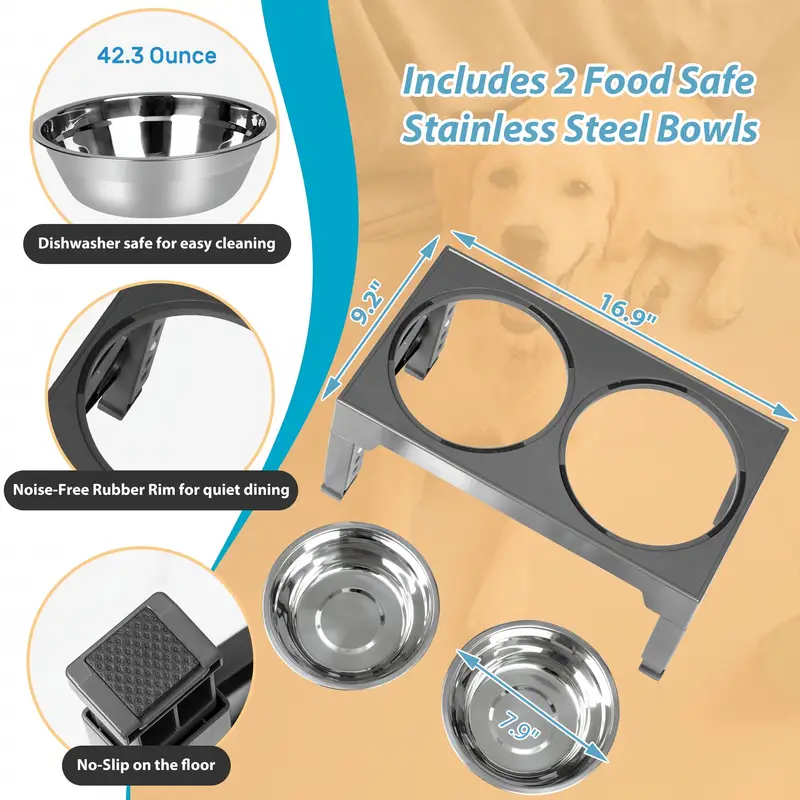 elevated dog bowl stand with 2 stainless steel bowls 5 adjustable 3 15 to 12 2 non slip base storage shelf chew proof dog sizes durable construction pet feeding station sleek stainless steel sturdy frame Product details 4