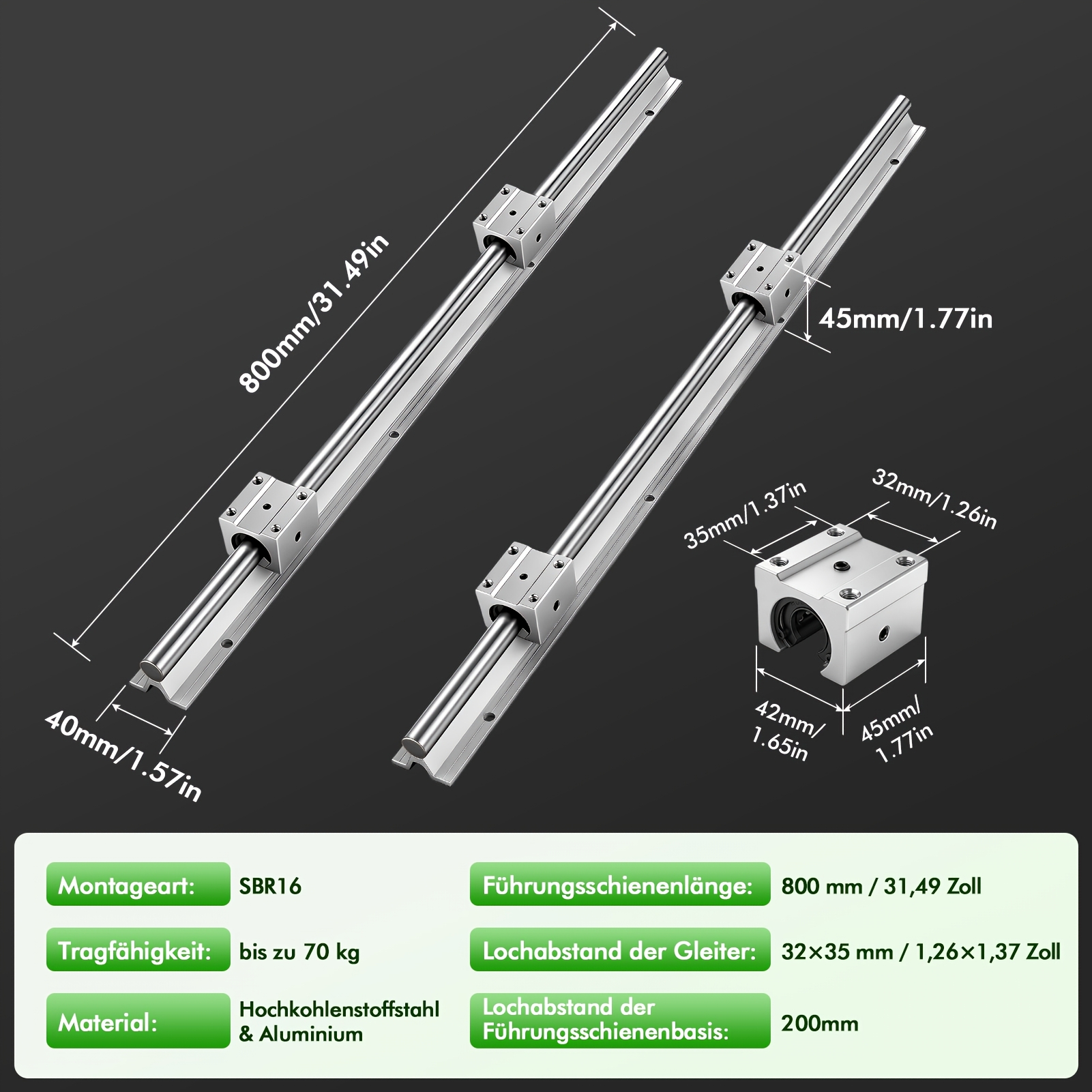 Image of Sbr16/sbr20 Linear Guides, Including 2 Linear Guides And 4 Bearing Seats, With Linear Guide Lengths Of 500/800/1000mm, Suitable For Automated Cnc Milling Machines, Lathes, And 3d Printers.