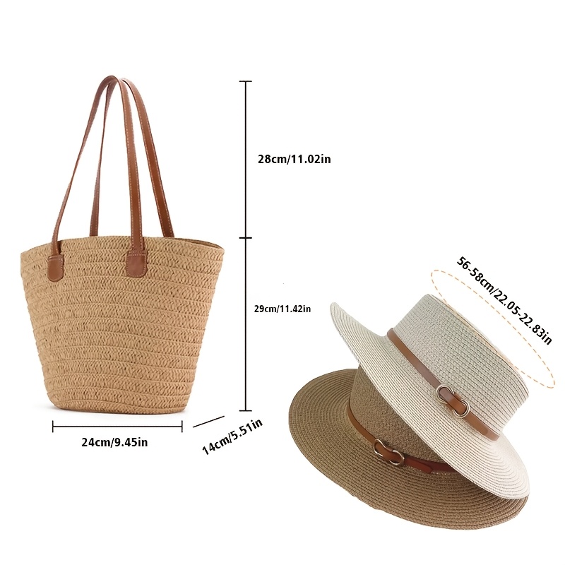 2pcs Elegant Beach Hat + Woven Tote Bag Set, Stylish Large-Capacity Vacation-Style Women's Shoulder Bag, Elegant Strap Accent Beach Hat, Suitable for Seaside Travel, Outdoor Outings, and Other Occasions, Birthday Gift, Valentine's Day Gift