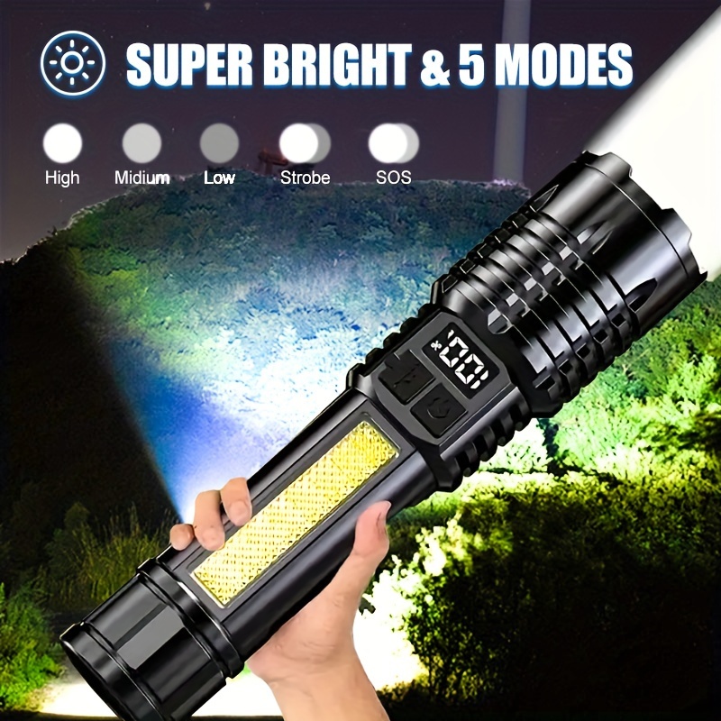 

2pcs Rechargeable Led Flashlights, 5 Cob Light Tactical With Digital Display, Handheld Flashlight For Outdoor Camping Fishing Survival Hunting Gear, Usb Powered Lithium Battery, Non-waterproof