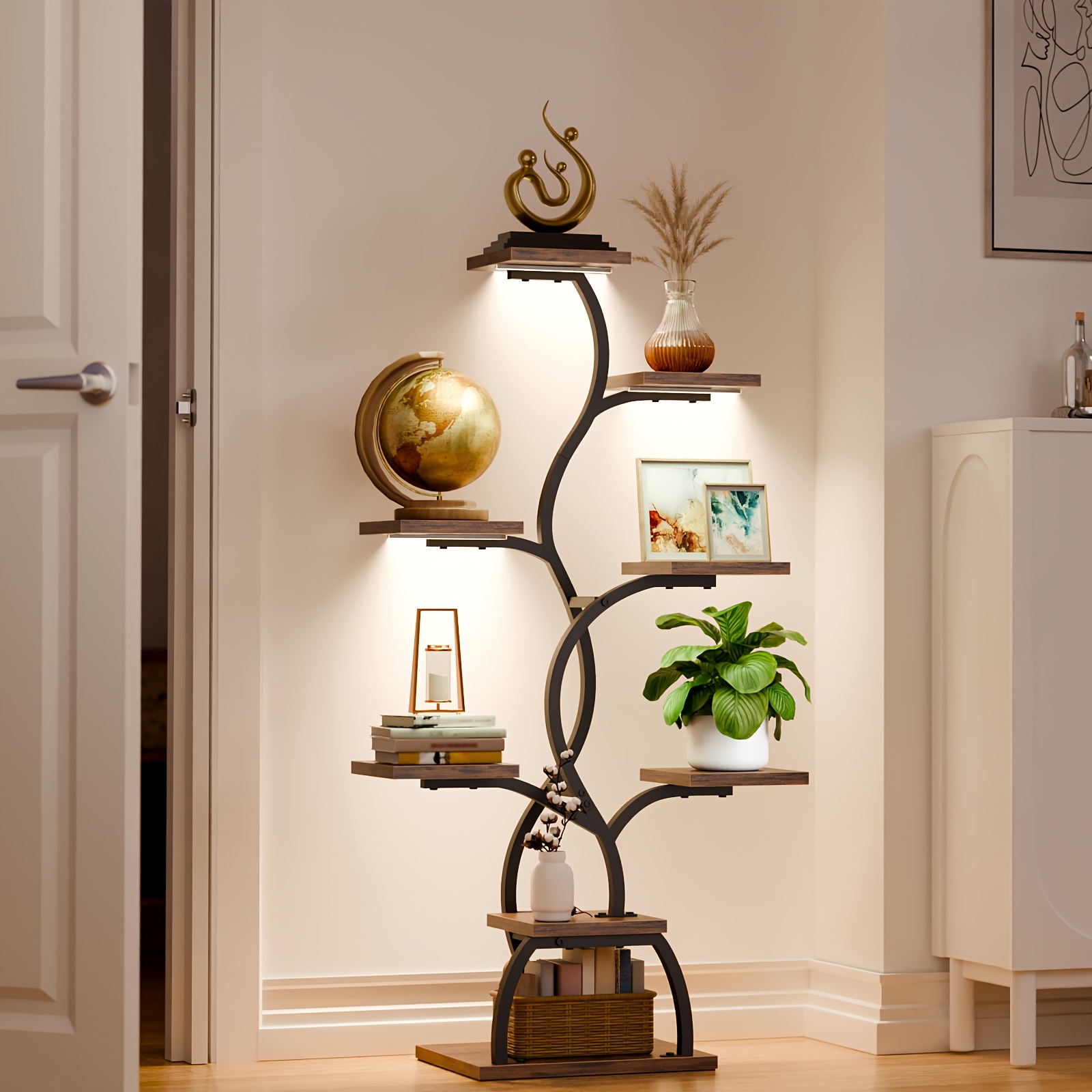 1pc Bookshelf with LED Lights- 8 Tier 123cm Multi-functional Metal Display Shelf Corner for Books Magazines Photo Frames, Vases, 48.7