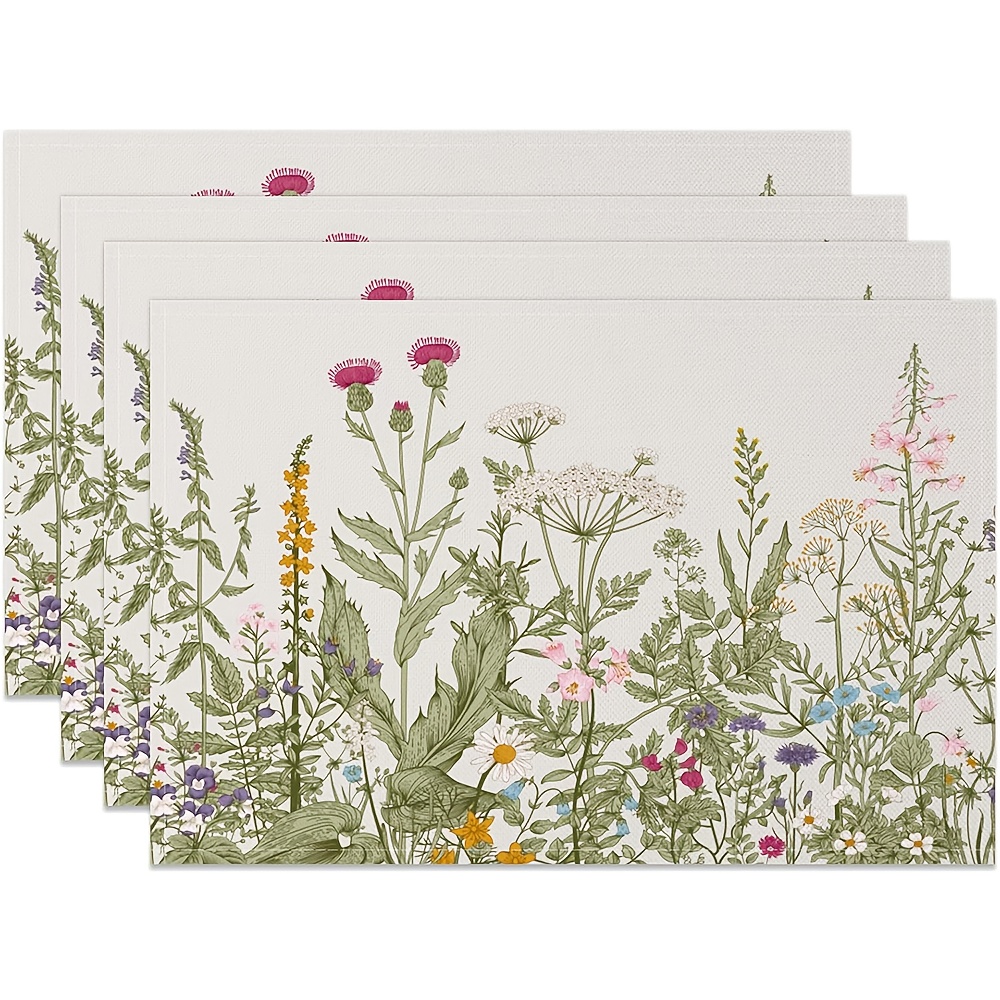 

4-pack Vintage Herbs & Wildflowers Placemats, 12x18 Inch, Polyester Woven Rectangular Table Mats, Hand Washable, Plants Design For Kitchen & Dining Decor