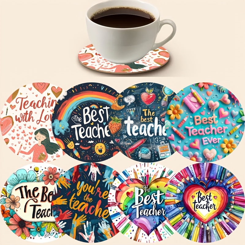 TEMU 8pcs Wooden Teacher And Floral Theme Drink Coasters, Round Wooden Drink Mats For Tables, Birthday Gift, Holiday Present, Farmhouse Housewarming