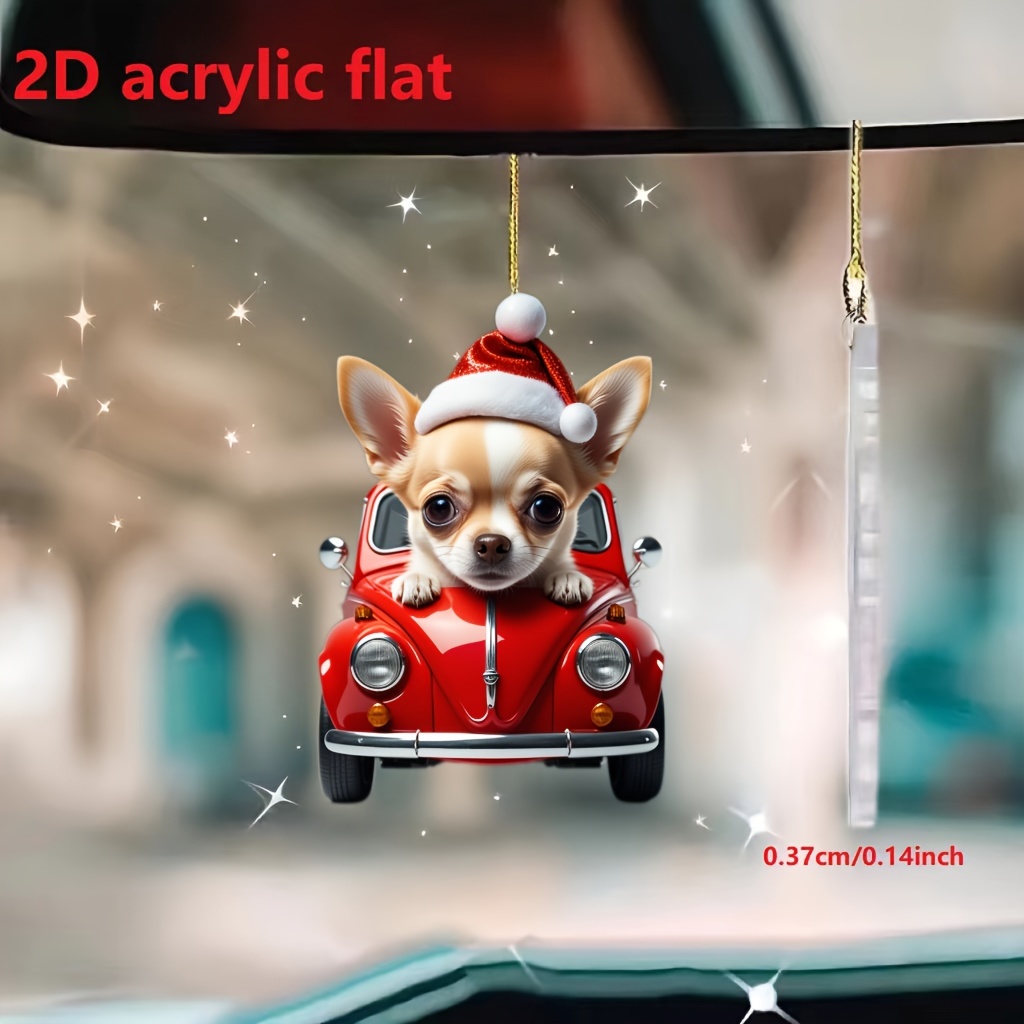 

1pc Acrylic Christmas Chihuahua In Red Car Ornament - Versatile 2d Pendant For Rearview Mirror, Home Decor, Keychain & Bag Accessory - Perfect Holiday Gift