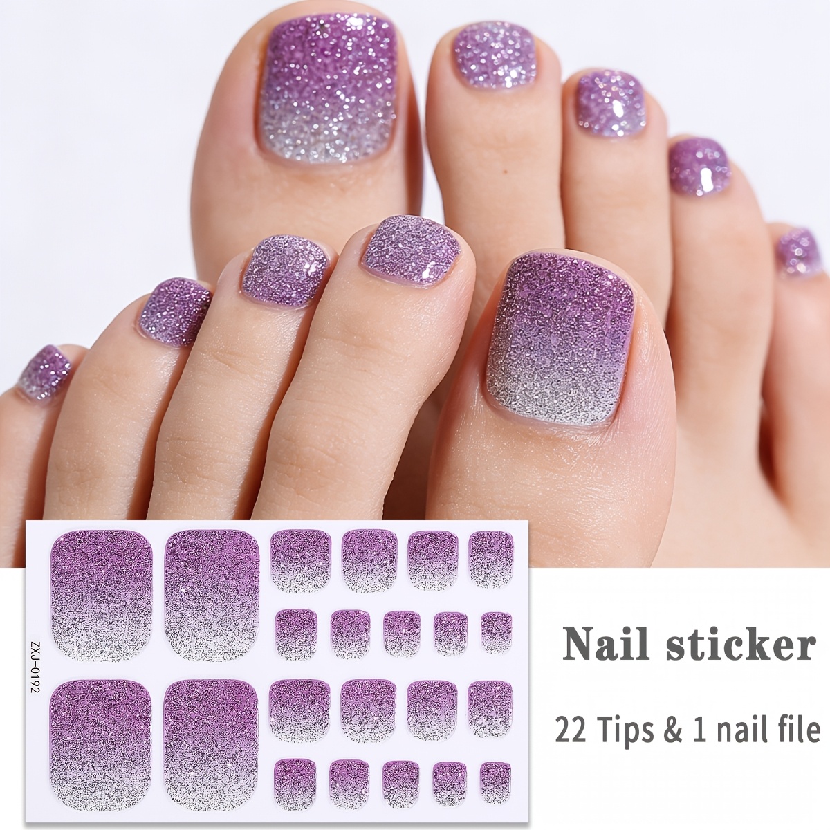 Image of 22pcs Spring/summer Purple Gradient Glitter Toe Nail Strips, Exquisite Luxury Toe Nail Stickers, Easy To Apply, Suitable For Ladies' Home Diy