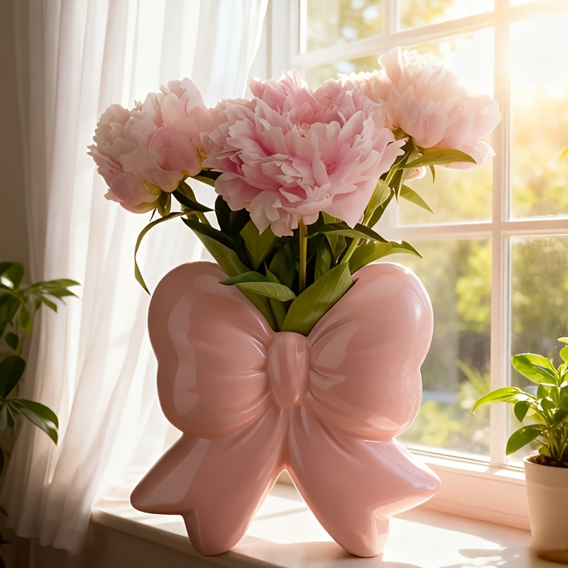 1 Pink Bow Resin Vase, Used As A Pen Holder Or Makeup Brush Holder, Suitable For Indoor And Outdoor Home Decor, For Home Office, Bookshelf, Desk, Bedroom, And Living Room