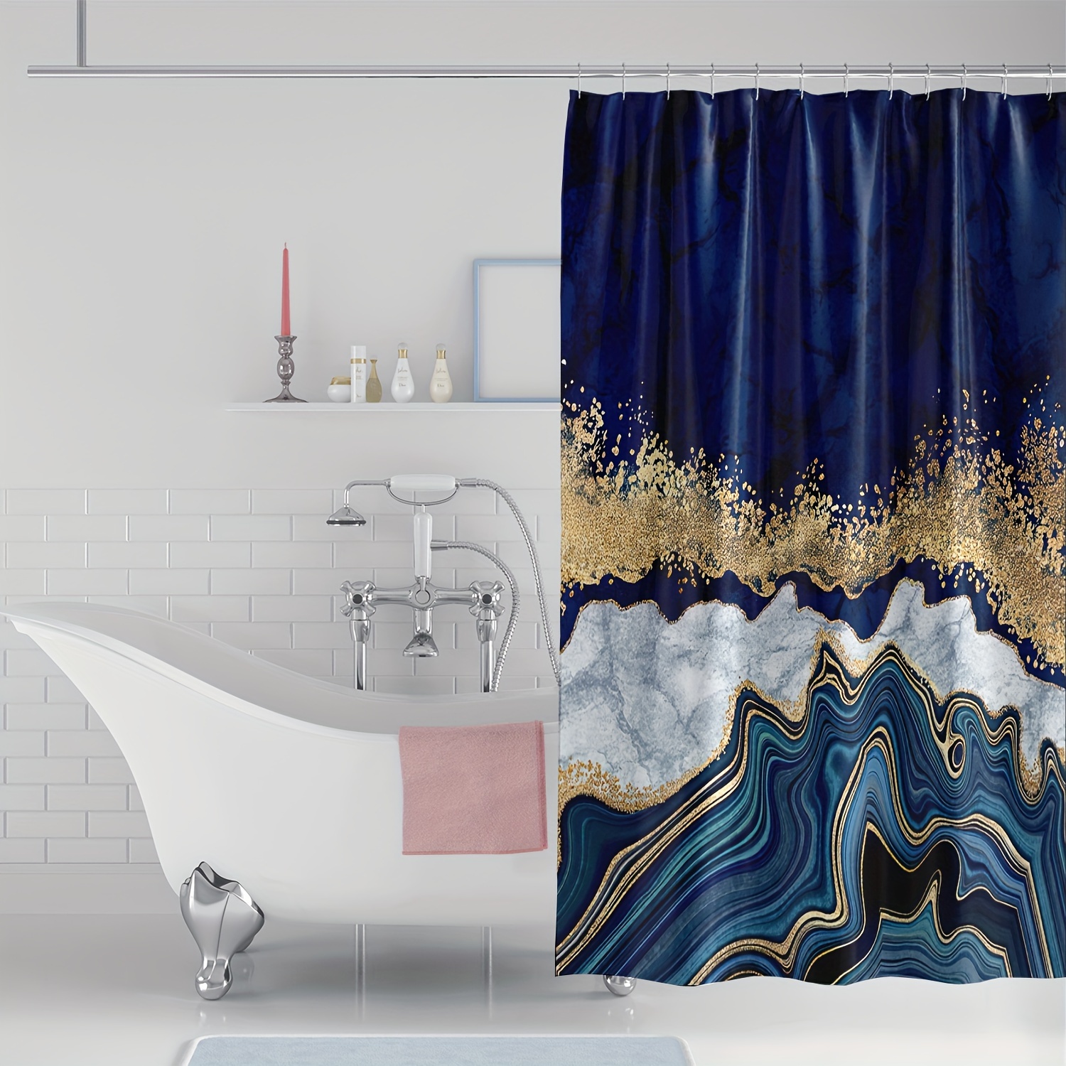 

1pc Modern Luxury Gold Blue Grey Marble Wave Pattern Digital Print Shower Curtain, Bathroom Decor, Home Decoration Curtain