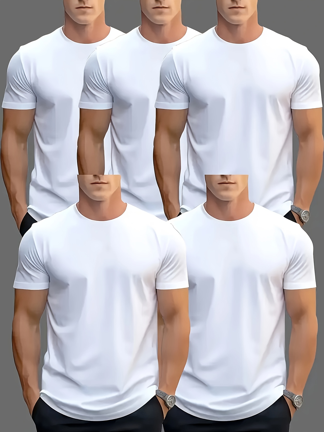 5pcs Men'S Solid Color T-Shirt Set - Breathable And Comfortable, Suitable for Summer Casual Wear And Daily Activities