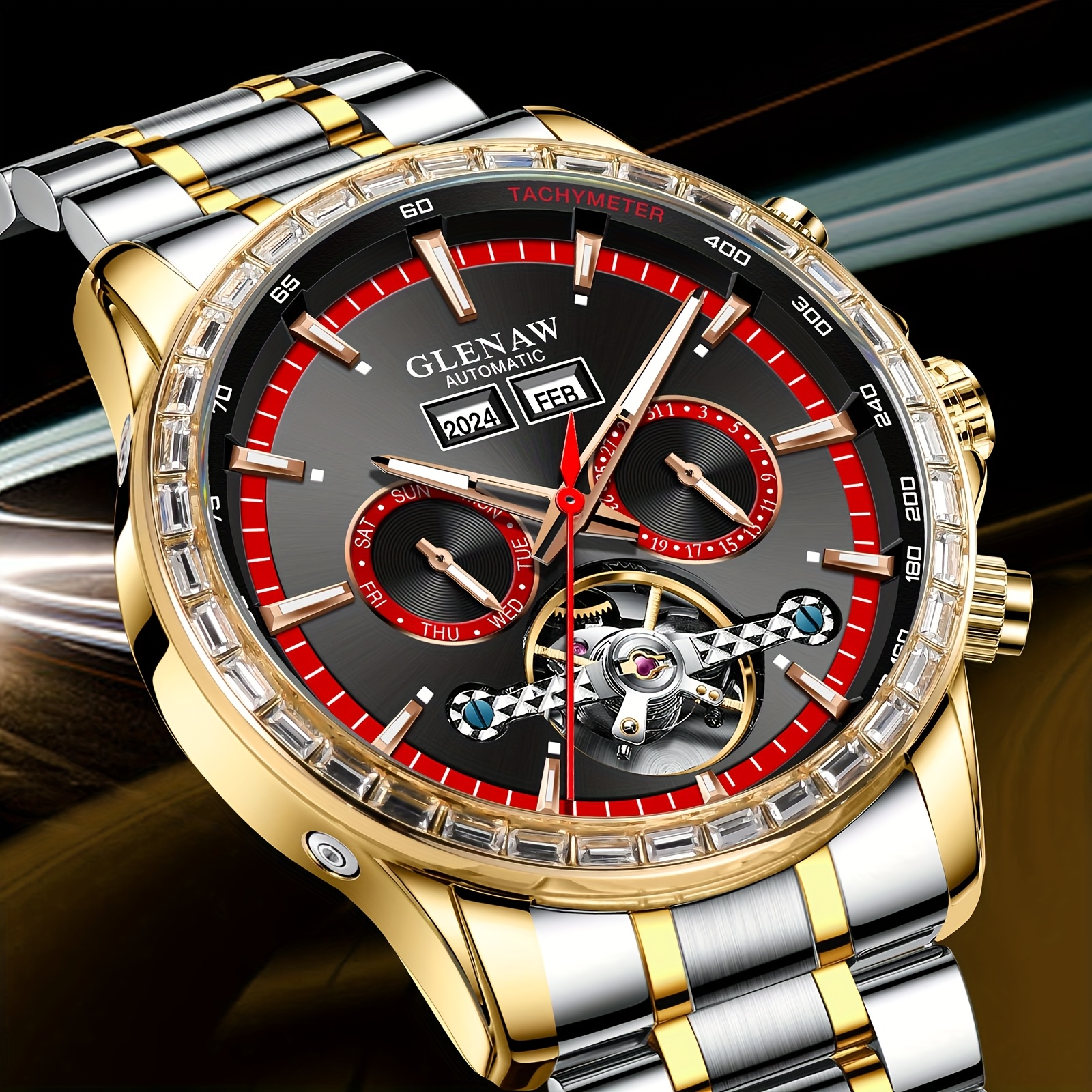Image of Automatic Watches For Men, Multifunctional Men's Watch Stainless Steel Strap Case Self-winding Mechanical Watch Year Month Day Week Display