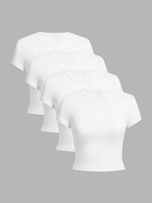4 piezas conjunto cuello manga corta corte ajustado camiseta, verano mujer casual atlético top