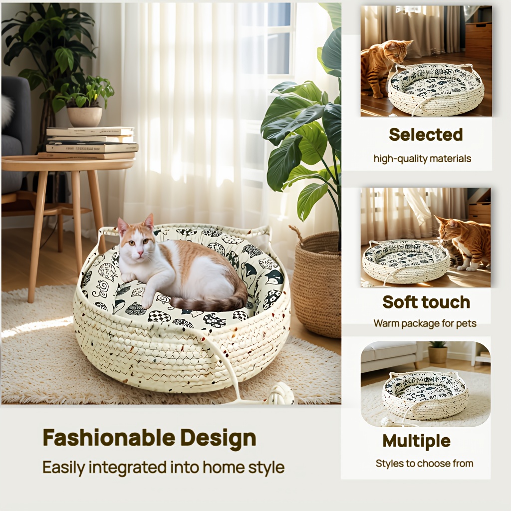4pcs cute cat ear pet bed set suitable for cats   indoor pet nest with comfortable cushion cooling mat fun pom poms breathable bite resistant design multiple sizes   durable cat furniture bed Product details 3