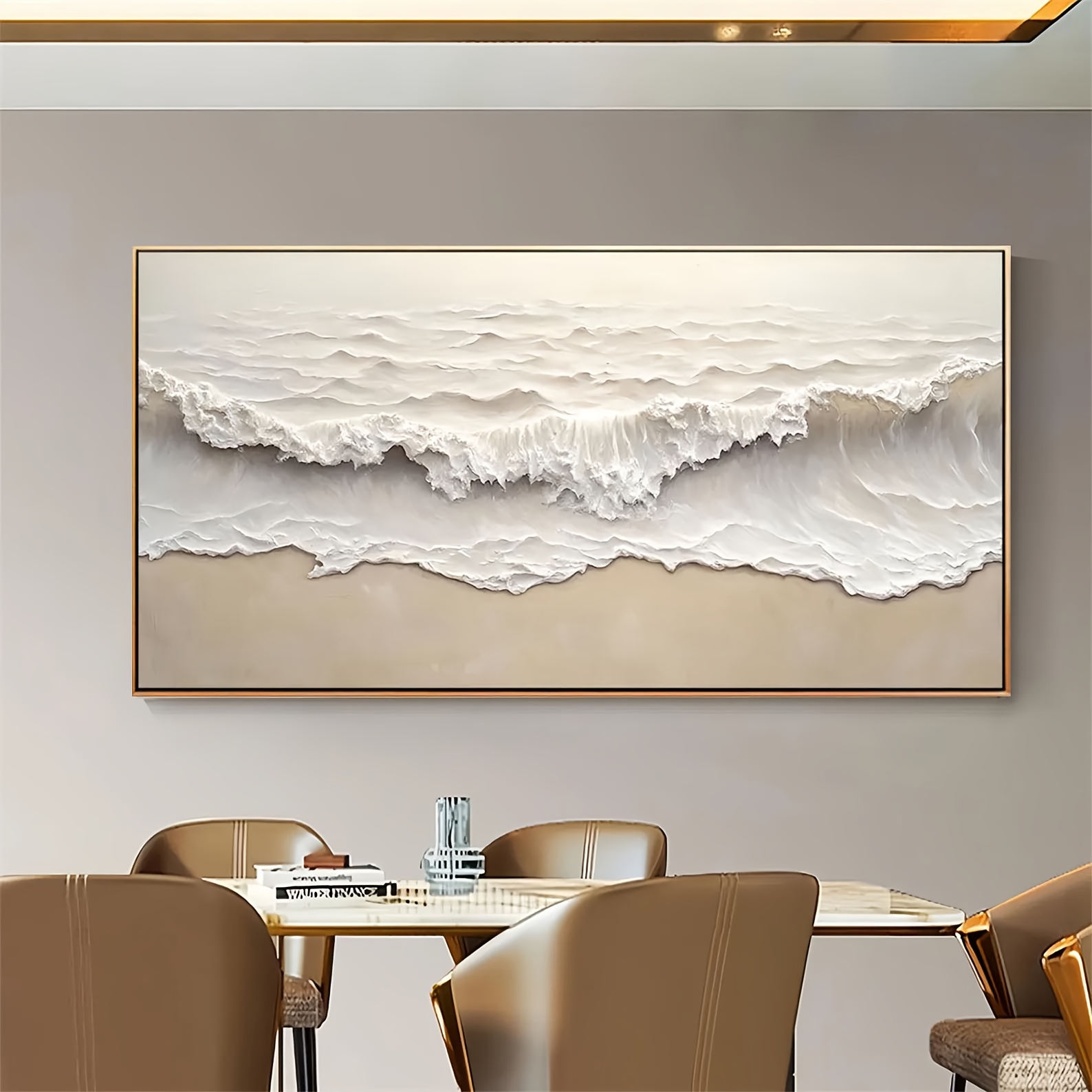 Large Modern Minimalist Abstract Canvas Oil Painting - Hand-Painted Wave Design in Light Gray, White, and Golden, Aluminum Alloy Frame, Perfect for Living Room, Bedroom, Office Wall Decor - Unique Art Gift for Halloween, Christmas, or Home Decor
