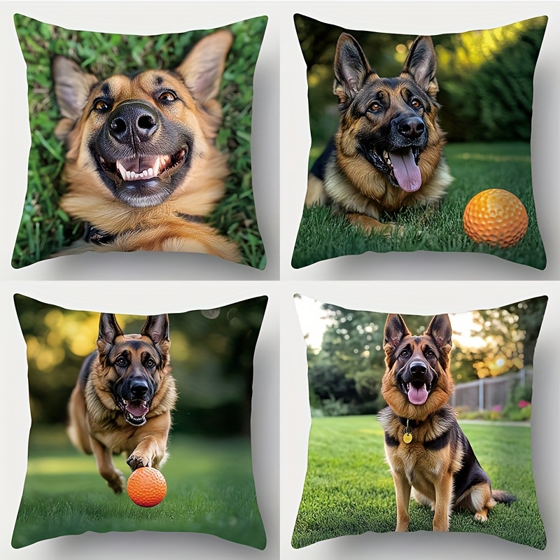 TEMU Four-piece Collection Featuring A Printed Pillowcase With A German Shepherd Design. The Adorable Puppy Is Either Lounging With Its Tongue Out Or