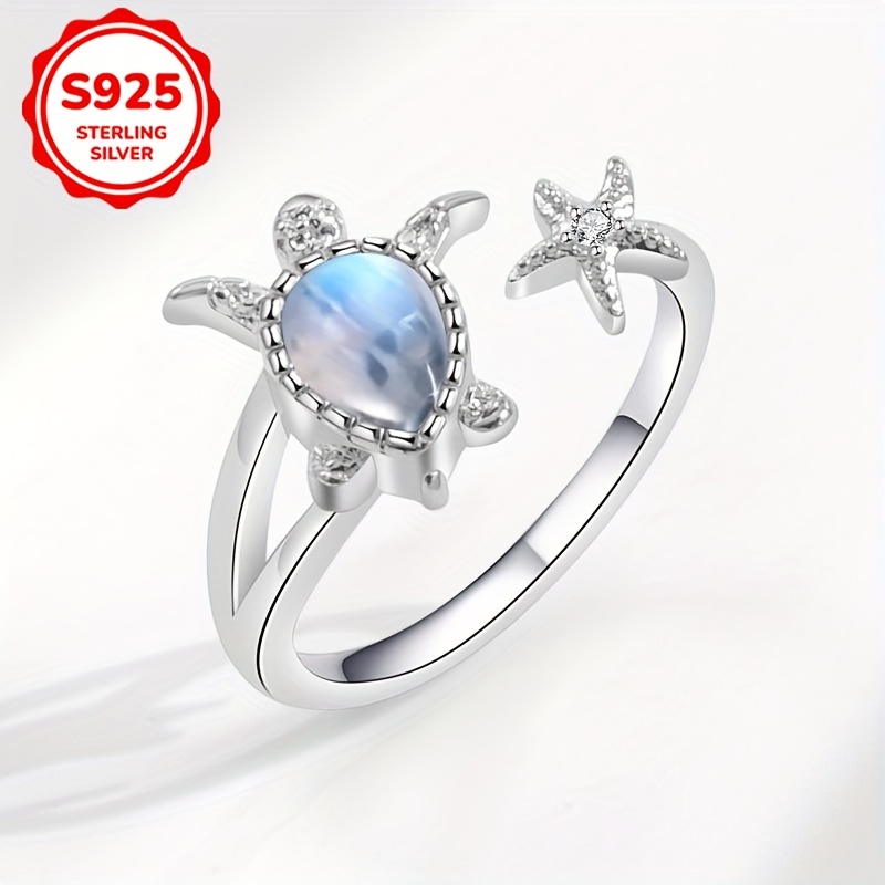 Moonstone Turtle Star Opening Ring S925Silvery 2.5g