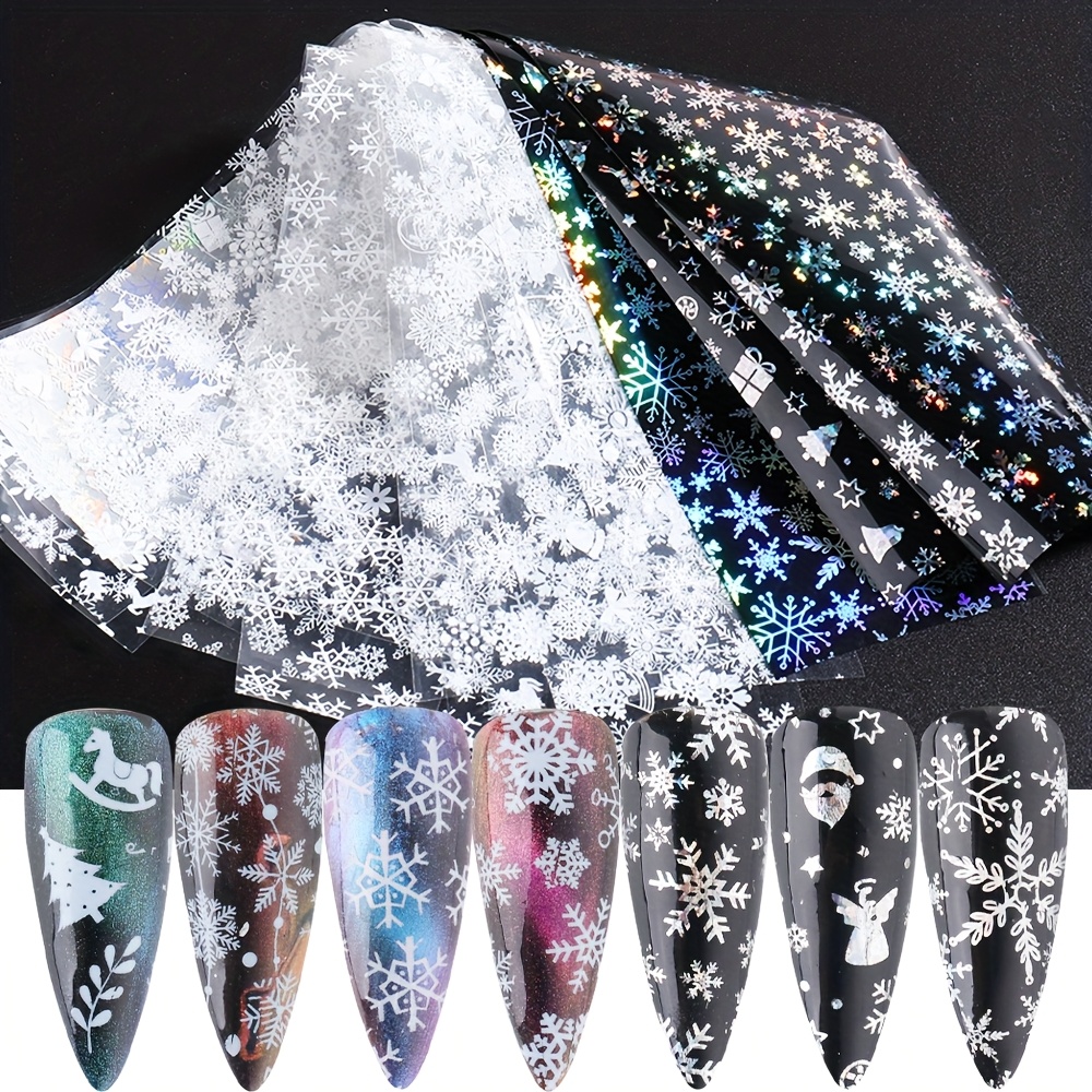 10pcs/pack Holographic Laser Snowflake Christmas Nail Transfer Foil Stickers White/silvery Snowflake Winter Festive Nail Design Diy Nail Foil Starry Decoration On Nails