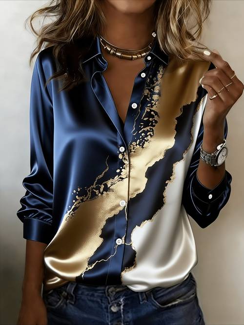 womens splatter geometric line color block satin lapel long sleeve top