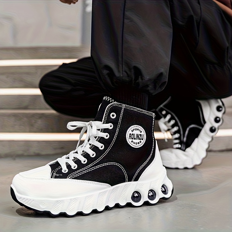 Explosive High Top Shoes for Spring and Summer 2025 | New Height Increasing Thick Soled with Wavy Sole, Classic Black Sports Canvas Shoes for Men | AOPLUS Brand, Mid Top, Fit