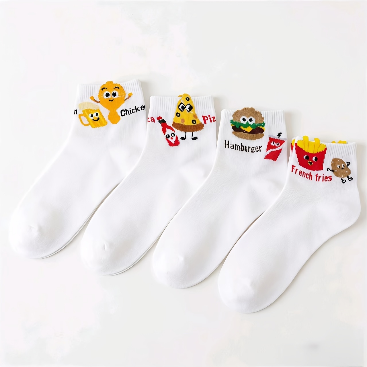 E-shop 4 Paar Damen-Sportsocken mit niedlichem Burger-, Pommes-, Pizza-Grafik-Motiv, lustig, bequem, weich, atmungsaktiv, schweißableitend, für Damen –