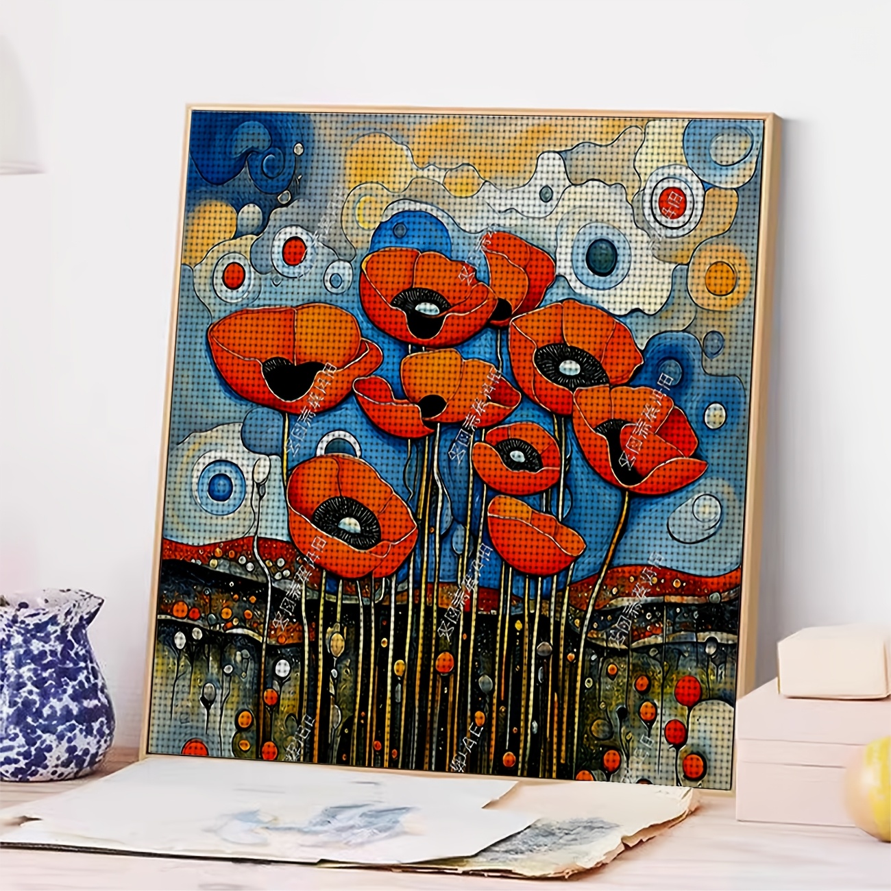 Cross Stitch Printed Kit, Frameless, Red Flowers with Colorful Round Background