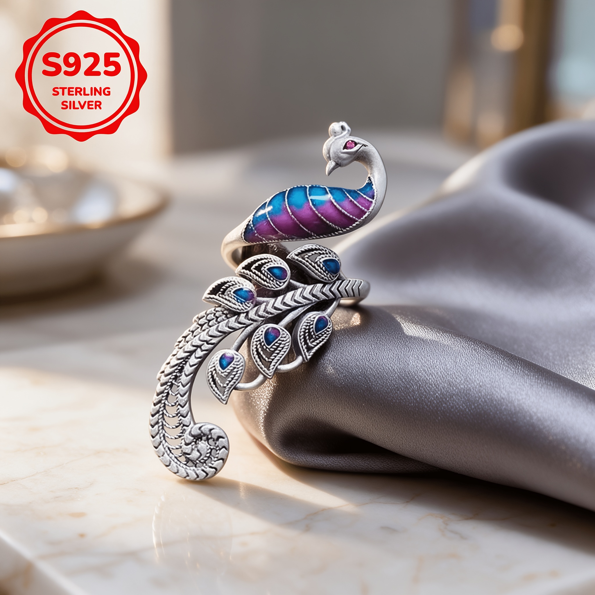 925 Silver Irregular Hollow Pattern Adjustable Ring, Vintage Design