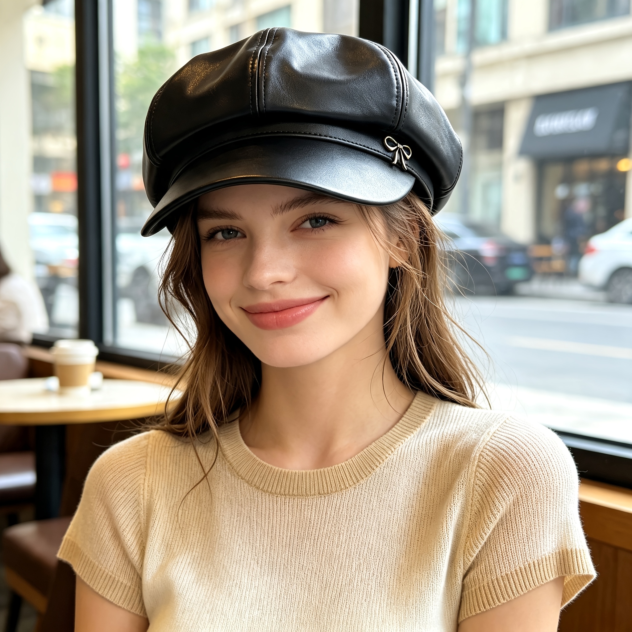 TEMU 1pc Women's Octagonal Beret Newsboy Hat, Bow Decor Visor Baker Cap, Vintage Solid Color, Adjustable, 2 Colors: Black & Wine Red, Casual Fashion