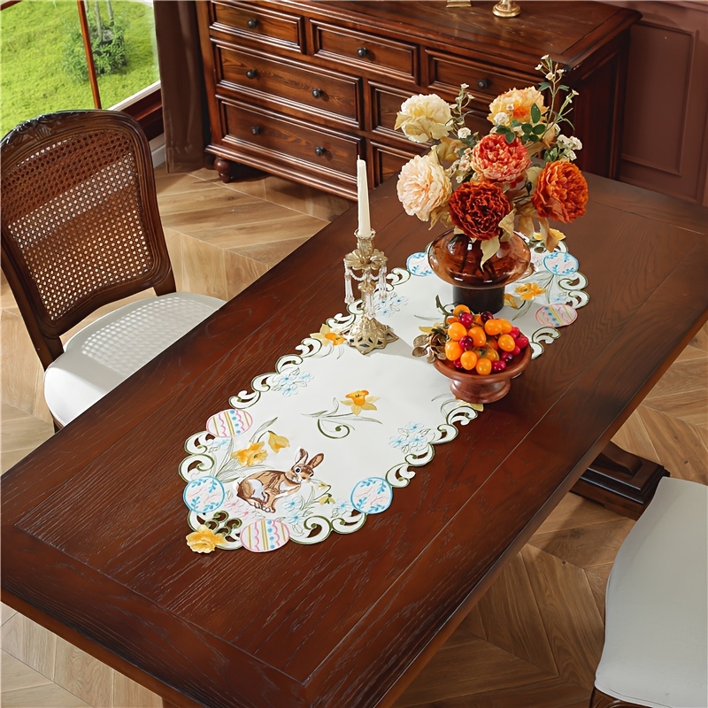 E-shop 1 Stück, Polyester bestickter Osterhasen-Ei-Tischläufer, exquisites Handausstanzverfahren, Frühlingsküchentischdekoration, ideal für Osterpartys