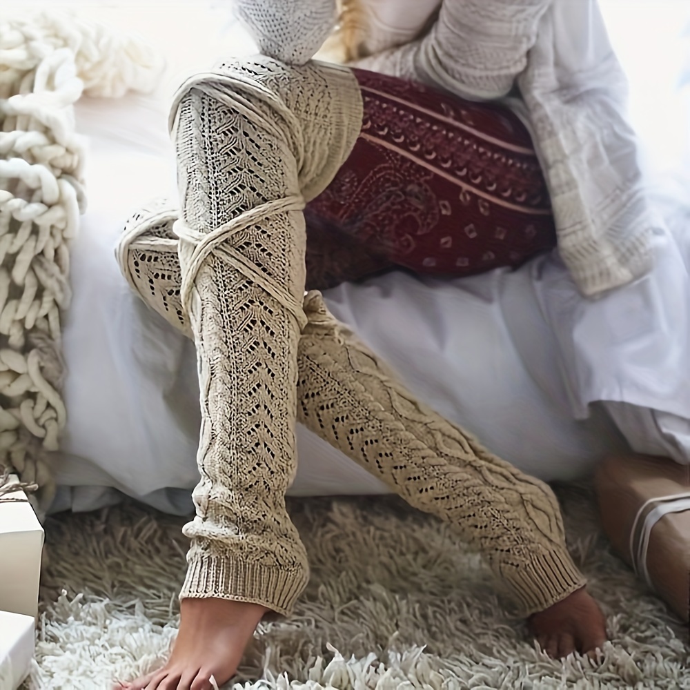 

Elegant Knit Leg Warmers For Women - Cozy Acrylic Fiber, Hollow-out Design With Tie Detail, Hand Washable - Fall & Winter