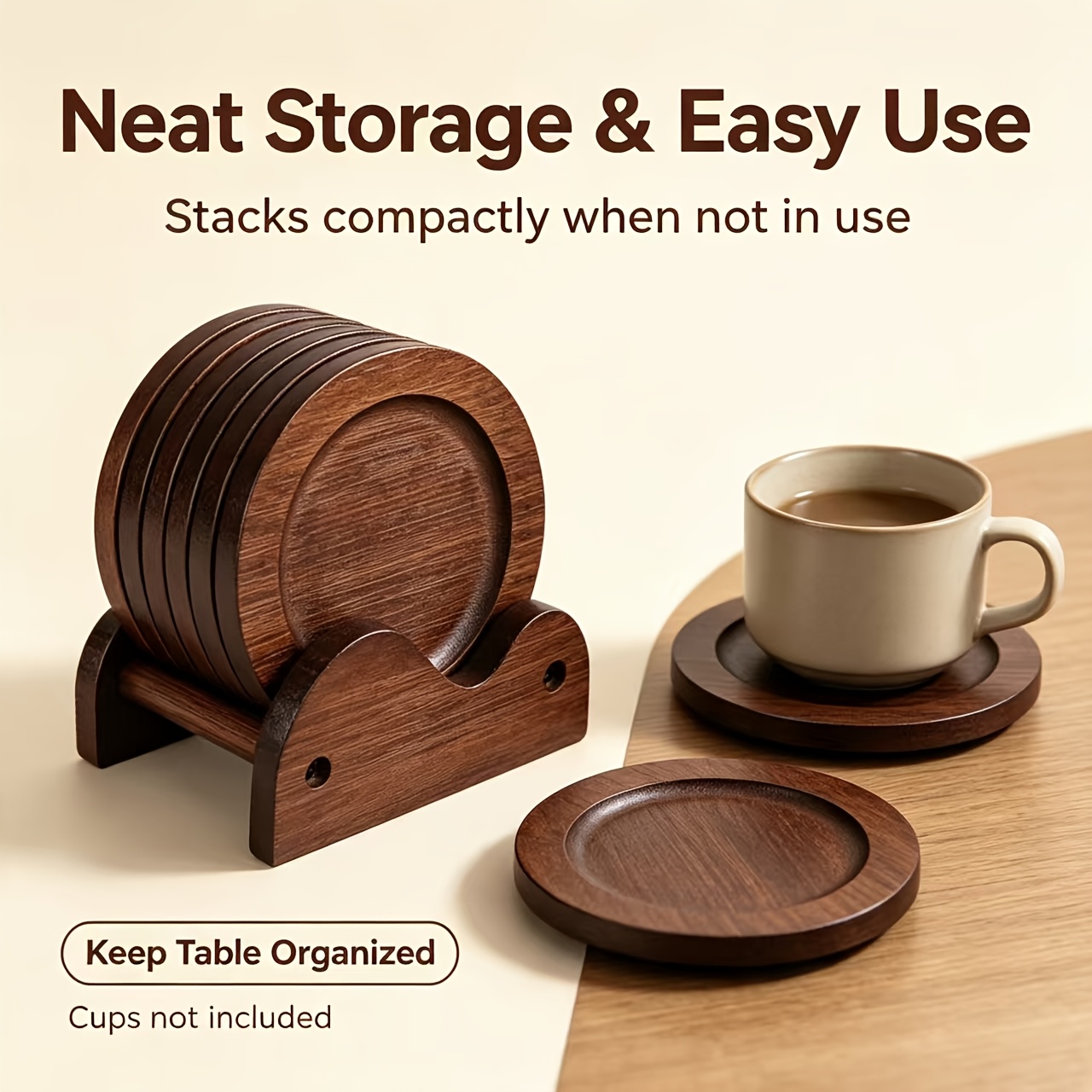 TEMU 6pcs   Cup Holder Set, Handmade Thick Wooden Coasters, Heat-resistant And Non-slip Cup Mats. Suitable For Coffee Tables, Bar Counters, And Desk