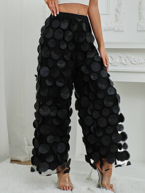 fashionable round piece design tassel hollowing high waist straight ladies pants