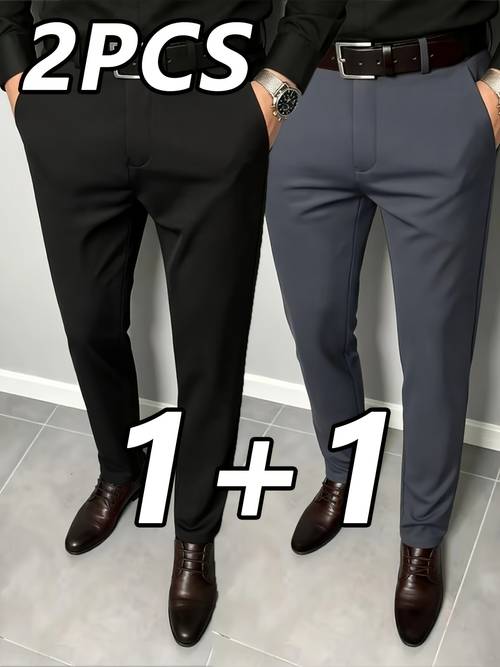 imagen del artículo 2 pantalones de vestir de negocios para hombre, pantalones de traje de color casuales elásticos para trabajadores de