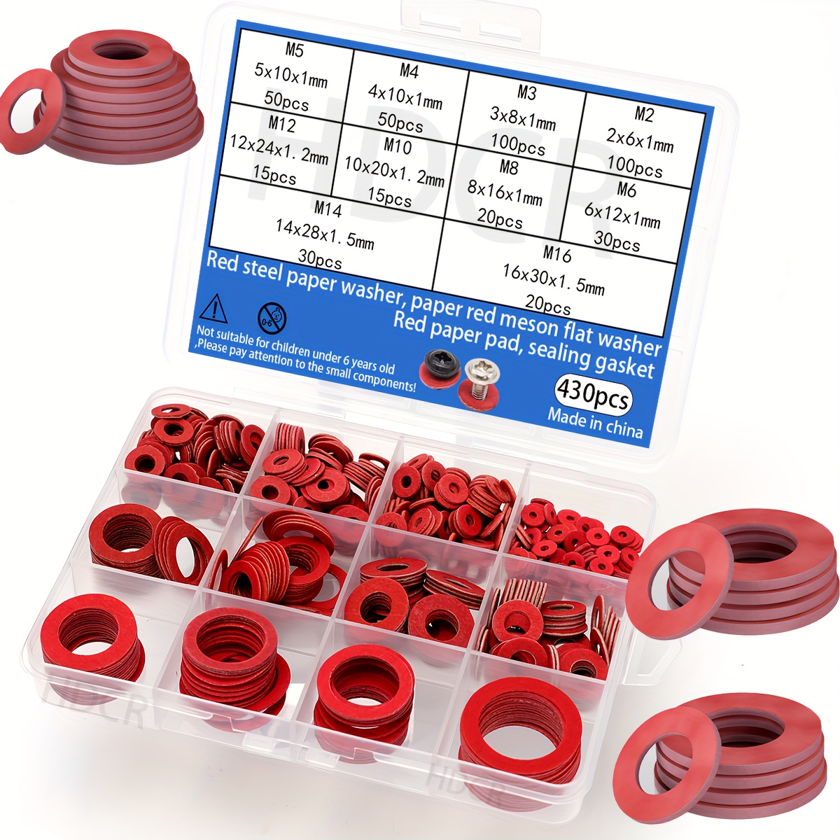 TEMU 430pcs Paper Washers, M2-m16 Sizes, Red Paper Washers, Flat Washers, Sealing Washers, Case Screw Washers, Round Quick-release Red Flat Washers