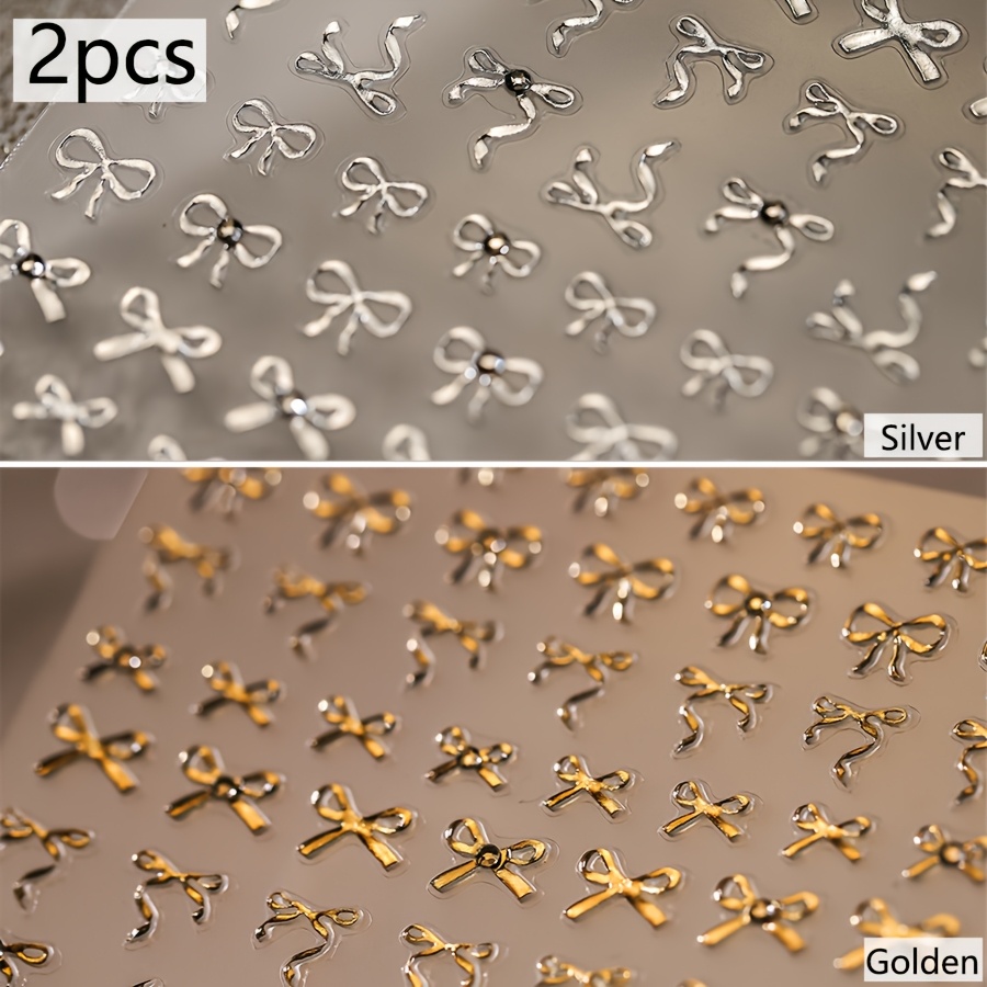 Image of 2pcs 3d Embossed Golden And Silvery Bow Nail Stickers, Elegant Minimalist Nail Art Supplies, Suitable For Daily Diy /party Nail Decorations/nail Salons/bridal Wedding Nails And Birthday Gifts