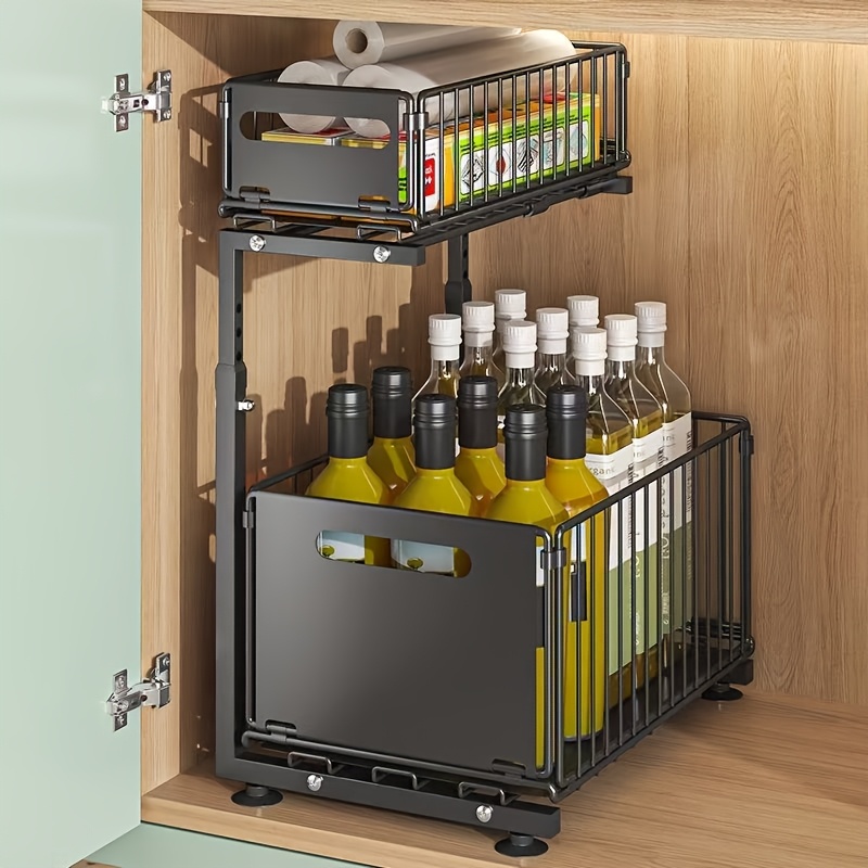 imagen del artículo 1 Estante extraíble de   capa para fregadero de cocina, estante empotrado para gabinete, organizador de cajones para baño, estante de almacenamiento para artículos   y condimentos   en cocina y baño
