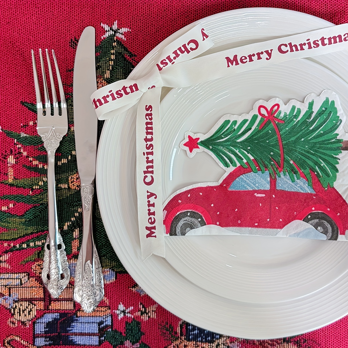 20pcs Festive Napkins - Unique Tree & Car Designs For Holiday Parties, Dessert Shops & Coffee Houses, Universal Occasion For Christmas,newyear,valentine,party Events