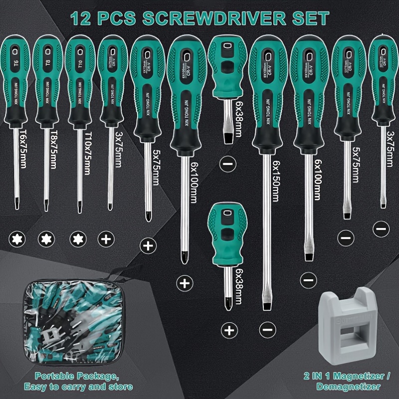 

12pcs Screwdriver Set With Chrome Vanadium Steel, Multipurpose Magnetic Tip Screwdrivers, Phillips & Flathead, Non-slip Handle, In Portable Bag, Hand Tool Kit For Repairs
