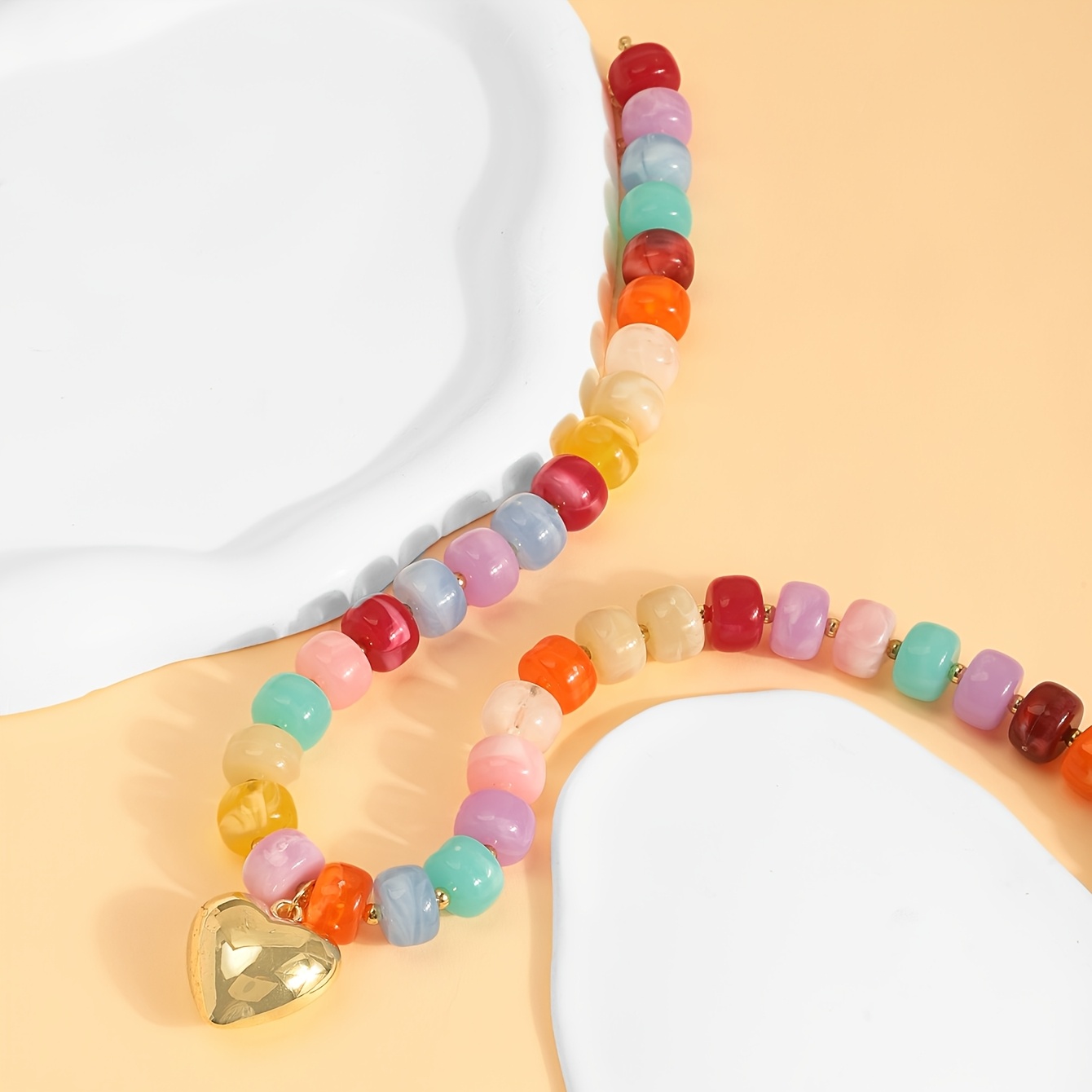 Exaggerated Style Golden Big Heart Pendant Necklace, Color-Blocking Beads