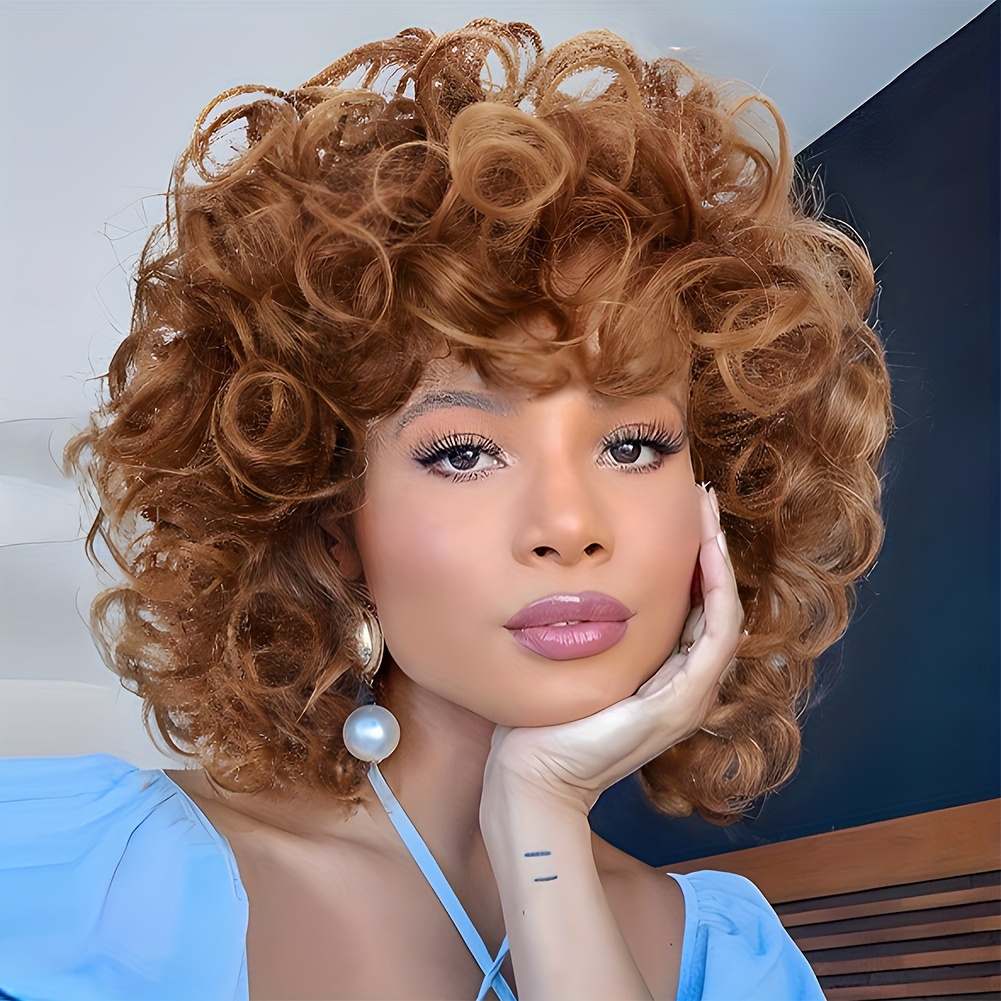 

Women's Short Curly Bob Wig With Bangs, 10 Inch, Synthetic Afro, Pre-, Springy, Kinky, Bouncy, Fiber, Cap, 150% Density, For Daily & Party Use