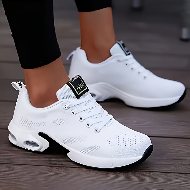 Women'S Air-Cushioned sneakers with a Lightweight Sole, Classic Running Shoes, Breathable Mesh Lace-Up Casual Shoes, Comfortable Upper, Solid Color, Minimalist Style, Suitable for Various Sports, Daily Work, Vacations, And Travel