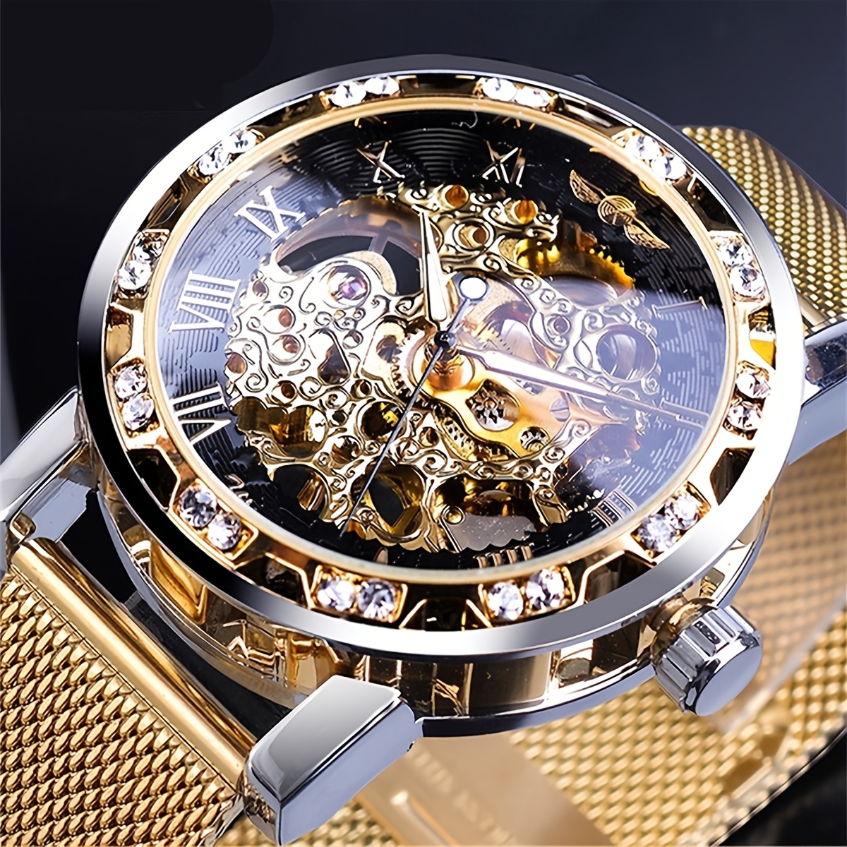 E-shop Elegante mechanische Herrenuhr mit Strass-Akzenten und hohlem Mesh-Armband, ohne Batterie