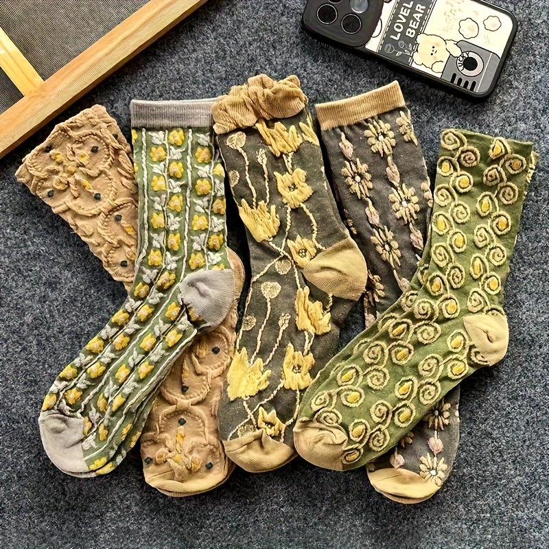 TEMU 5-pair Women's Autumn/winter Vintage Ethnic Style 3d Embossed Coffee-colored Artistic Courtly Floral Print Mid-calf Socks