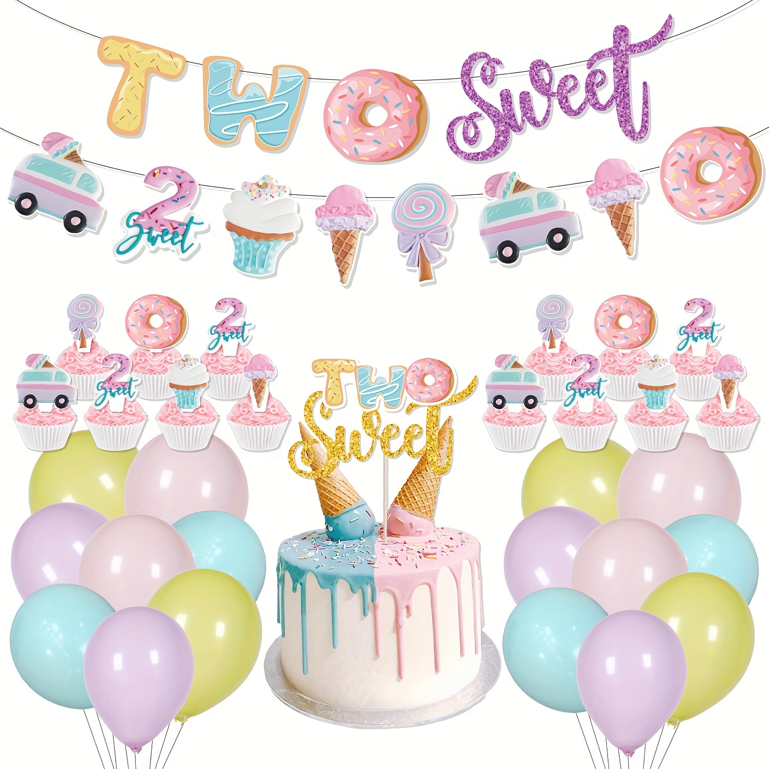 

2 Sweet Ice Cream Birthday Party Decorations: Party Banner, Cake Topper, Cupcake Toppers, Macarons, And Balloons For A 2nd Birthday Celebration