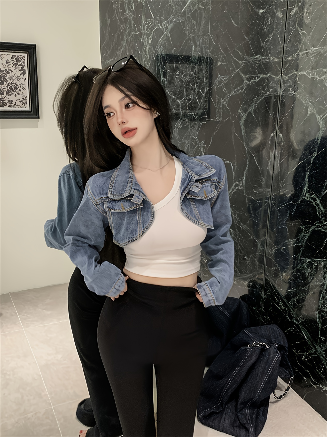 How To Style Cropped Denim Jacket Plain Washed Long Sleeve Style