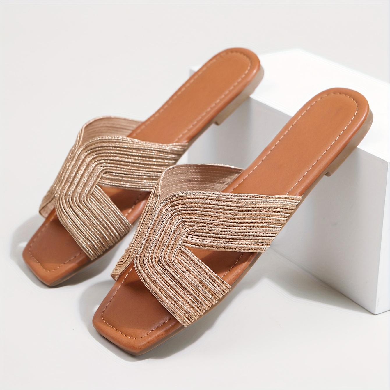 2026 Summer New Sandals Women Metallic Woven Wide Band Square Toe Flat Lightweight French Style Versatile Casual, Women Shoes