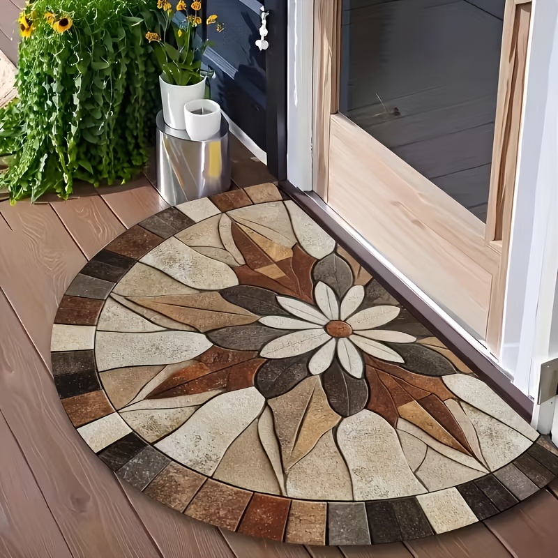 TEMU 1pc Floral Stone Tile Semi-circular Welcome Mat, Machine Washable Indoor Outdoor Door Mat Suitable For Entrance, Kitchen, Courtyard, Bathroom