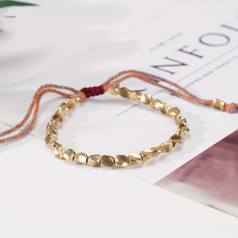 TEMU 1 Pulsera tejida a con cuentas irregulares de cobre, con cordón ajustable y borla de cuerda para personalizada