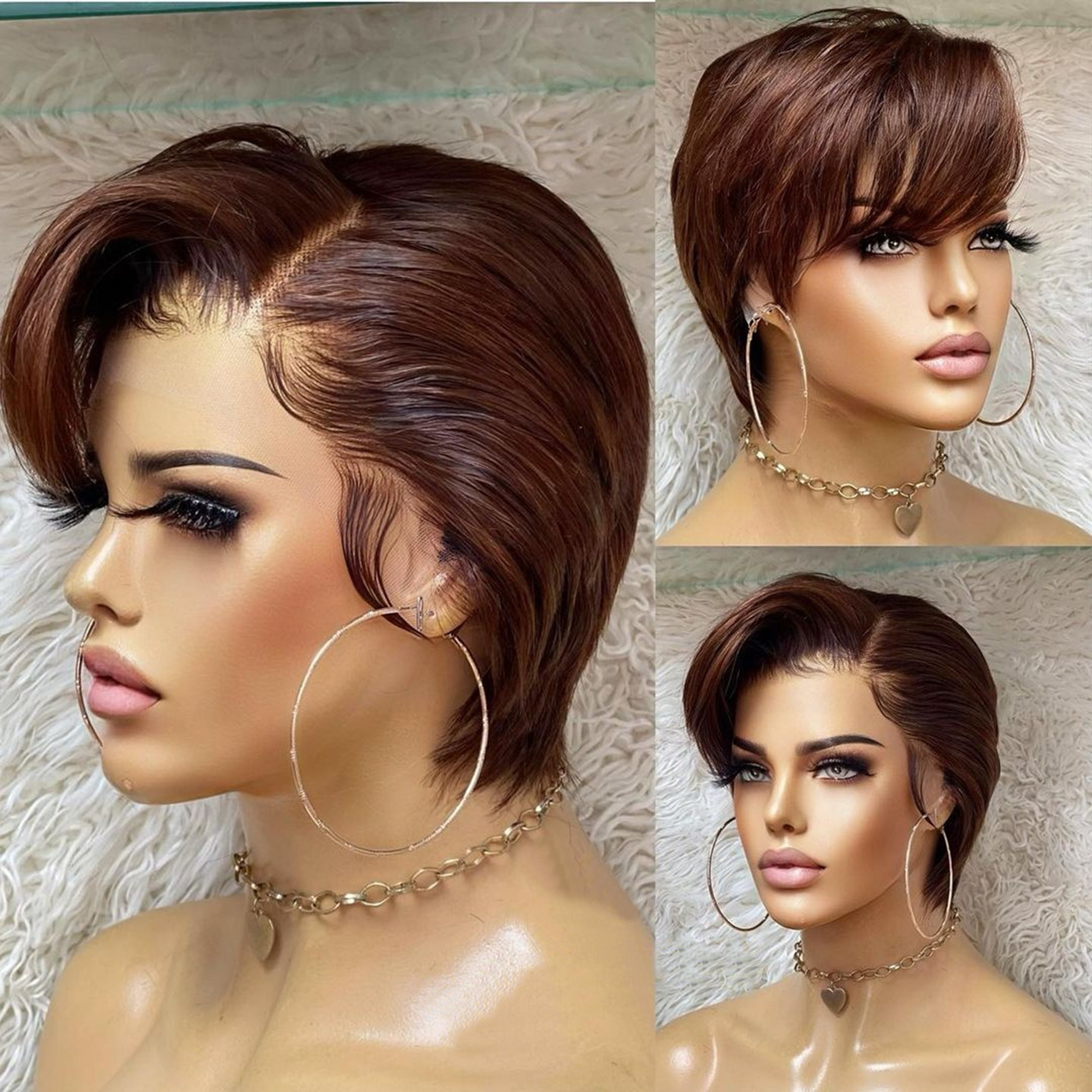 Perruque avant en dentelle à coupe pixie chic pour femmes - Zone en dentelle 13x4x1, cheveux vierges brésiliens de 15,24 cm, densité de 130% avec part latérale et franges, parfaite pour un usage quotidien et les festivals de musique, perruque