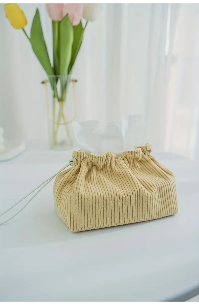 mustard yellow striped fabric tissue box holder with hanging loop durable polyester storage bag for kitchen dining room organization Product details 1
