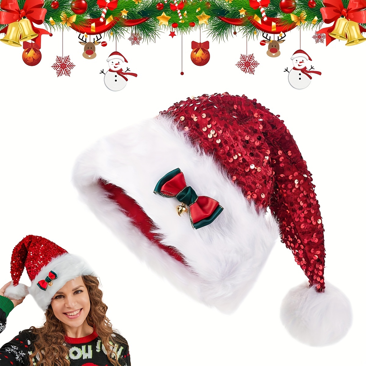 

Christmas Sequin Santa Hat With Pom-pom Bow - Festive Holiday Party Beanie Cap, 100% Polyester, Hand-washable, Non-stretch, - Cosplay Costume Accessory For Christmas Celebrations