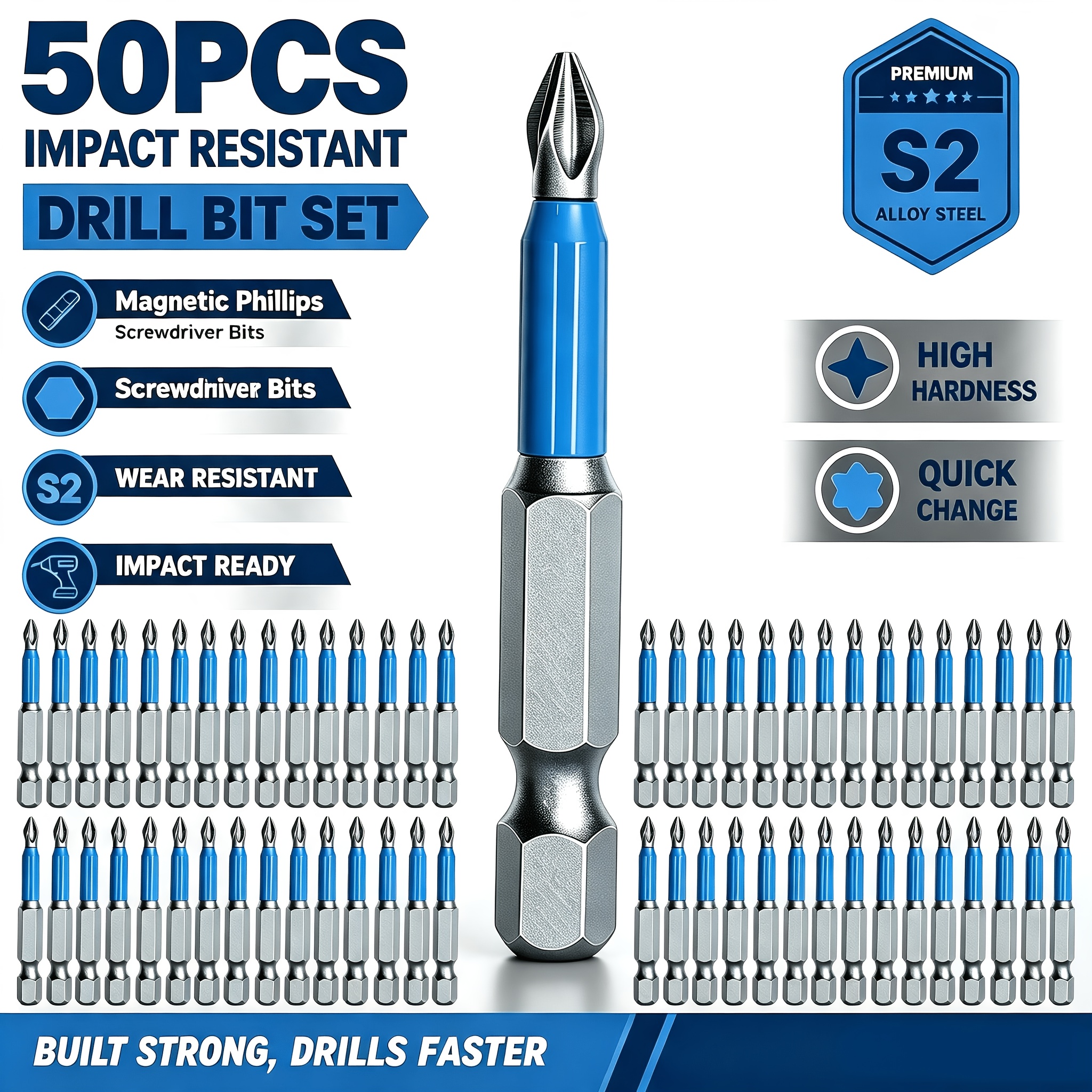 TEMU 50pcs Magnetic Ph2 Cross Head Drill Bit 50mm, Alloy Steel, Anti Slip, Impact Screwdriver Bit, Suitable For Metal, For Electricity, Very Suitable