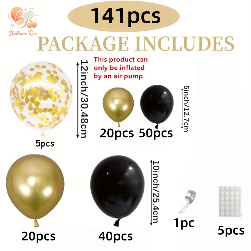 TEMU Set de 141 globos de látex negros y dorados con globos de látex de , ideal para , compromisos, aniversarios, , , Día , ceremonias de graduación,